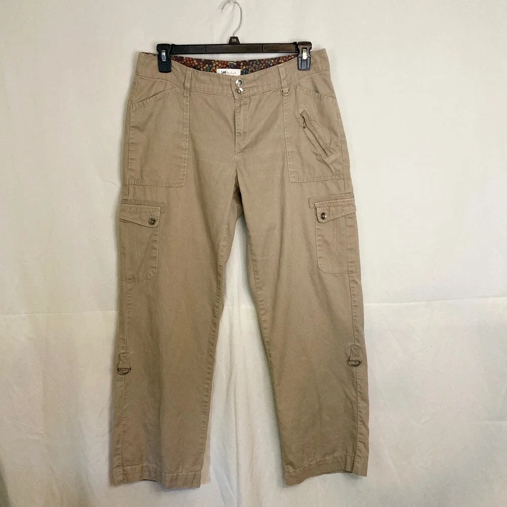 Y2K 2008 Lee One True Fit Khaki Utility Cargo Pants 14 Tan Cotton Straight Leg
